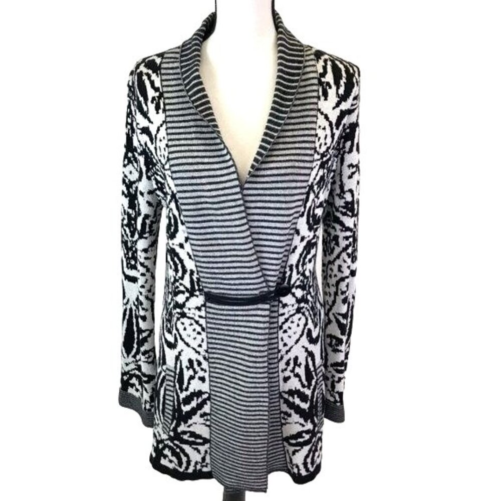 Christopher & Banks Womens Black White Print Long Sleeve Cardigan Sweater Size M